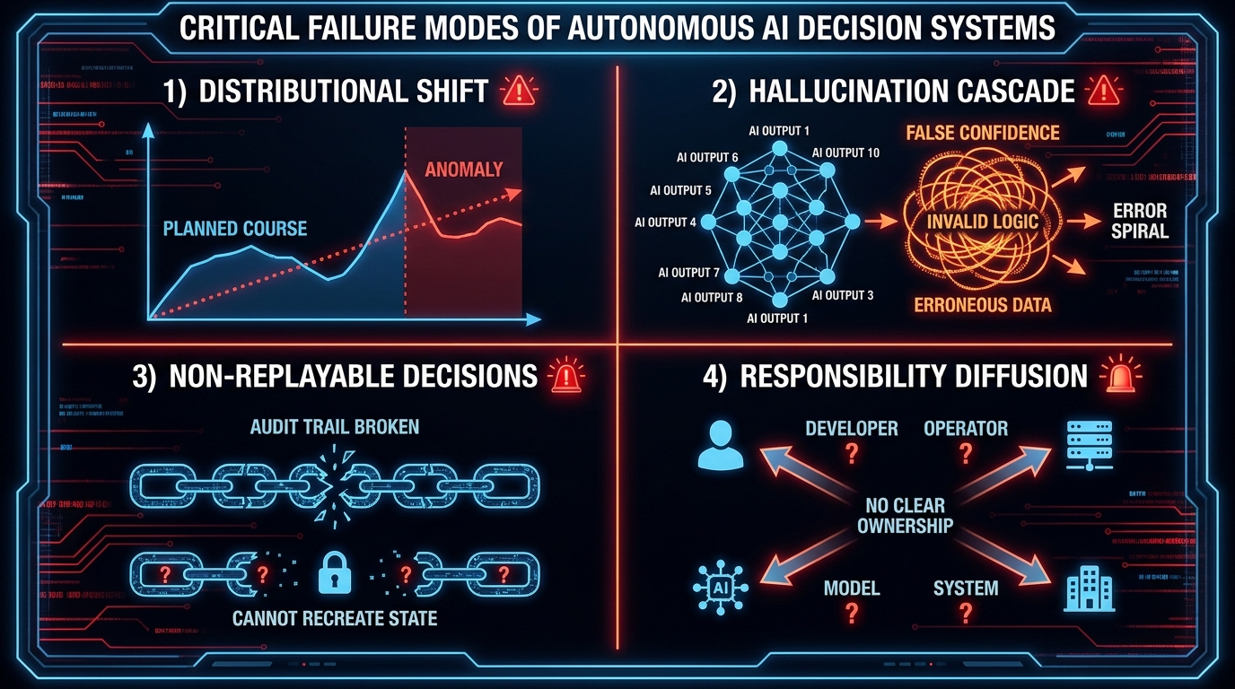 Four critical failure modes of autonomous AI decision systems: distributional shift, hallucination cascade, non-replayable decisions, and responsibility diffusion