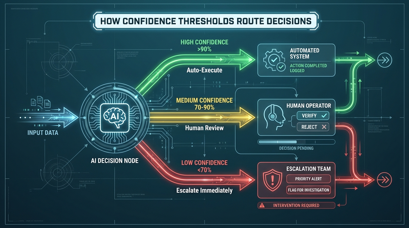 Confidence threshold decision routing diagram showing how AI routes decisions based on high, medium, or low confidence scores