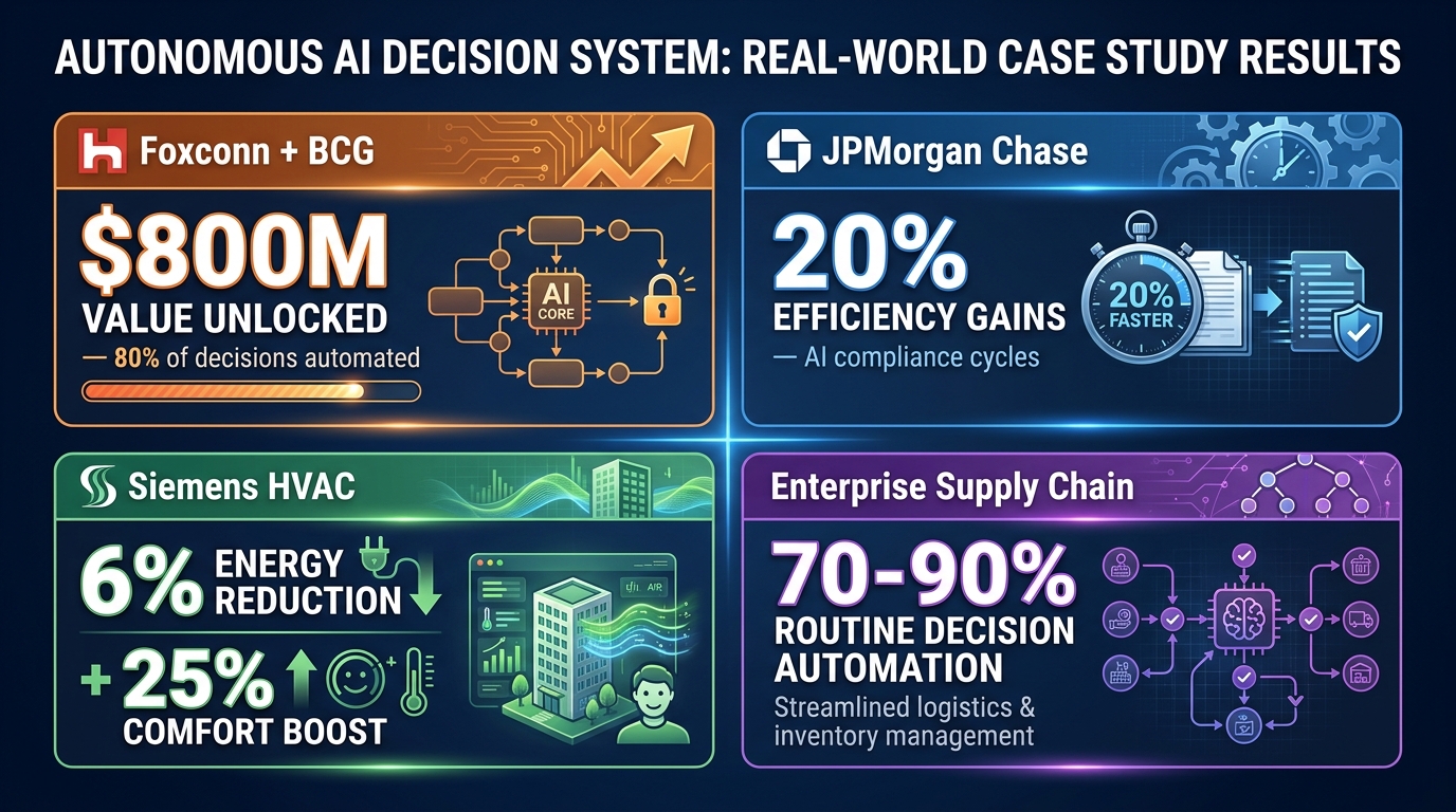 Real-world autonomous AI decision system case study results showing outcomes from Foxconn, JPMorgan, Siemens and enterprise supply chain deployments