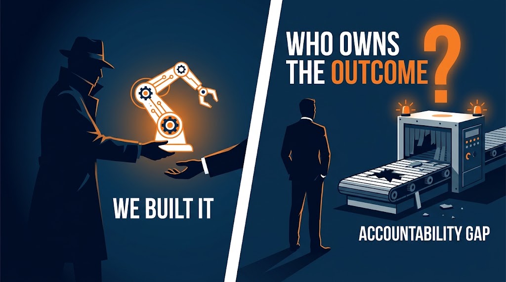 Split image showing vendor saying 'We Built It' on the left, and a client alone facing a broken system asking 'Who Owns the Outcome?' on the right — illustrating the AI automation accountability gap