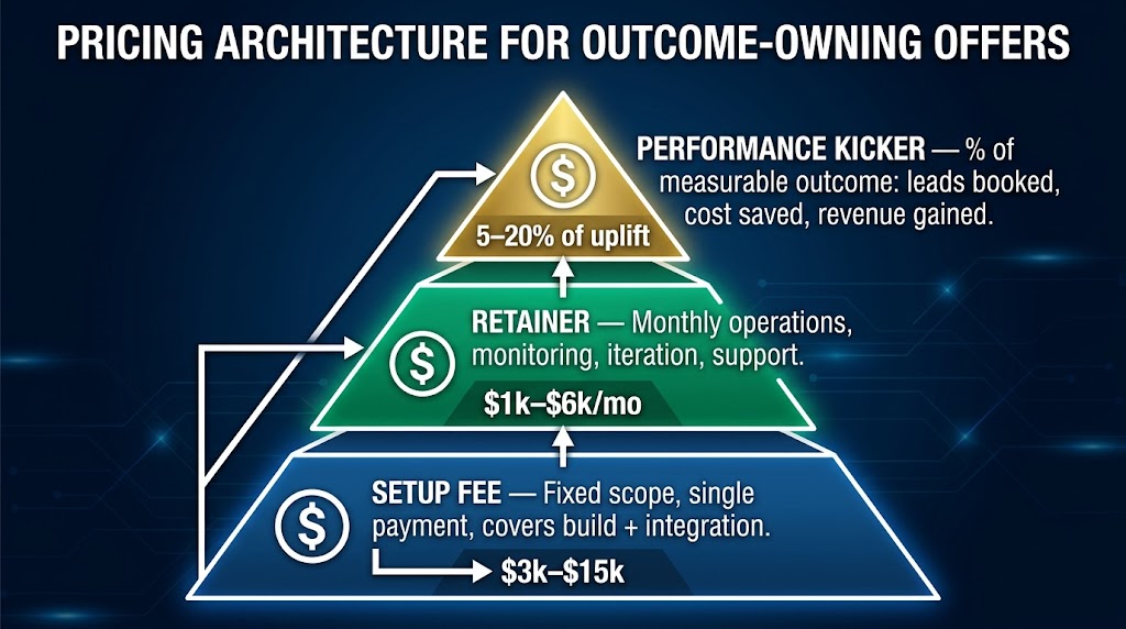 Three-tier pricing architecture diagram showing Setup Fee, Monthly Retainer, and Performance Kicker for outcome-owning AI automation offers