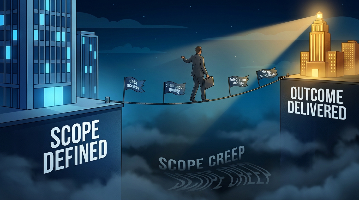 Tightrope walker crossing between 'Scope Defined' and 'Outcome Delivered' platforms, with flags labeled data access, client input quality, integration stability, and change management — scope creep darkness below