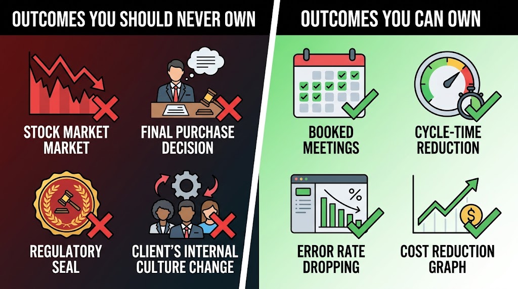 Split image showing red-marked outcomes providers should never own (final purchase decisions, regulatory approval, culture change) versus green-marked outcomes they can own (booked meetings, cycle-time reduction, error rates, cost savings)