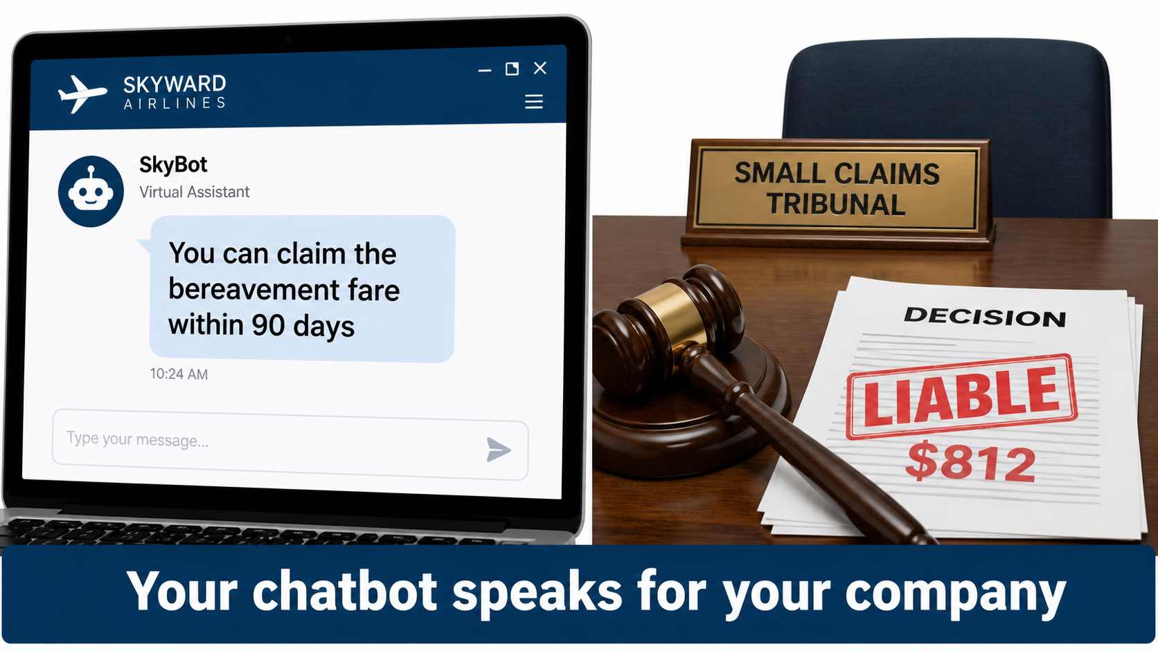 Split image of an airline chatbot giving incorrect bereavement fare advice next to a tribunal desk with a document stamped liable for $812