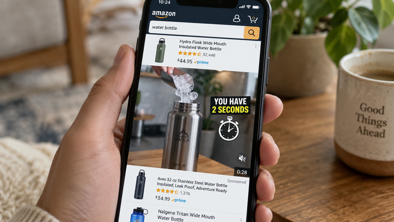Shopper scrolling Amazon search results on a phone with a muted autoplaying Sponsored Brands video ad and a 'You have 2 seconds' overlay