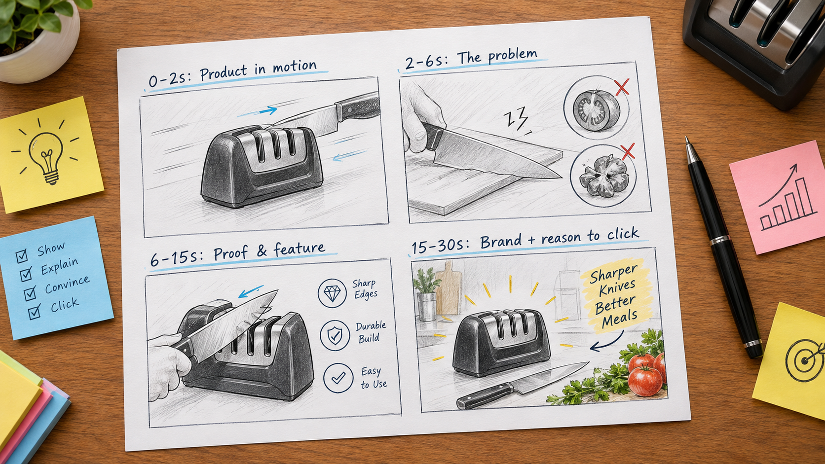 Four-panel video storyboard for a Sponsored Brands video: product in motion, the problem, proof and feature, brand and reason to click