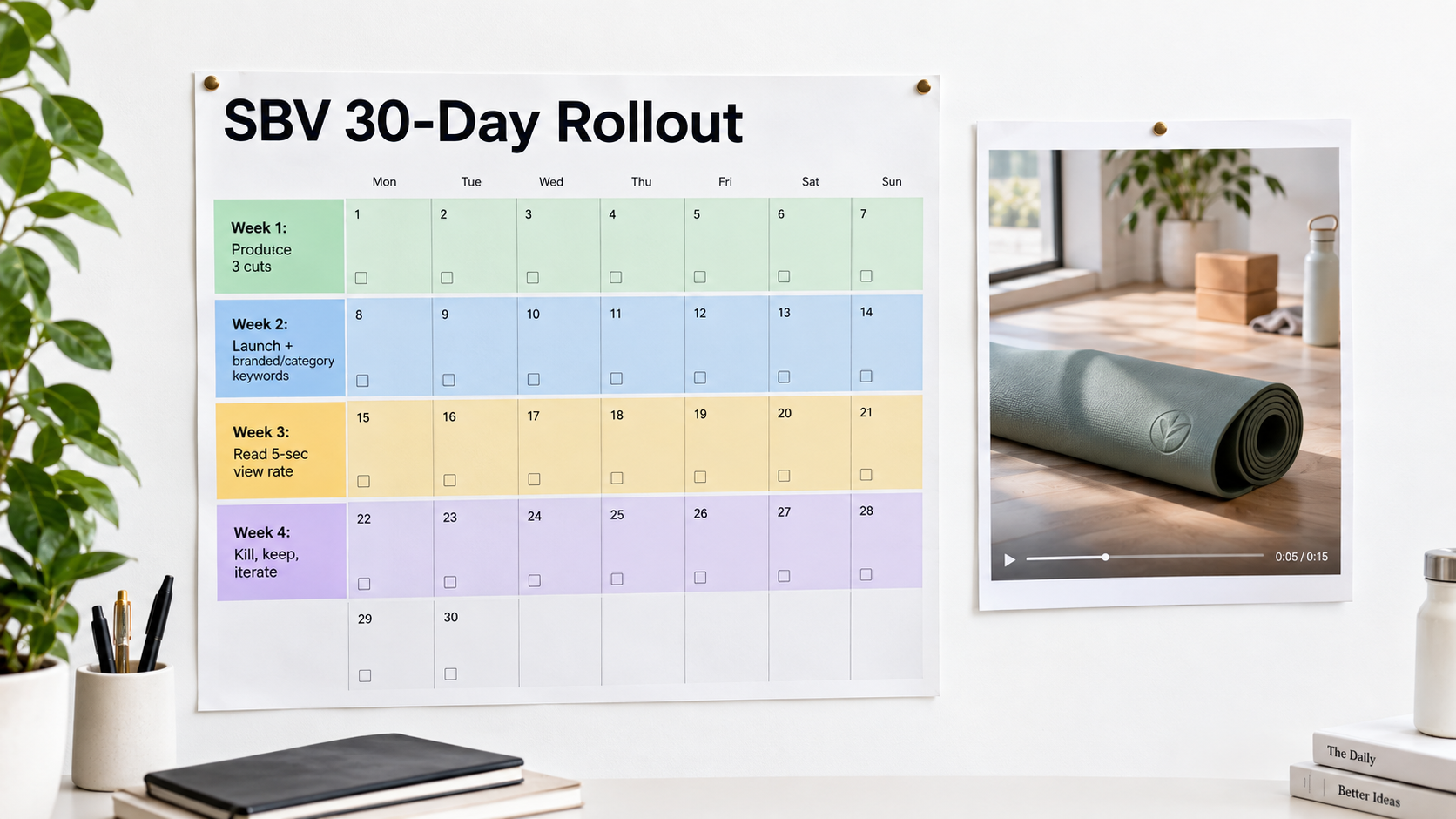 30-day Sponsored Brands video rollout calendar: produce three cuts, launch on branded and category keywords, read 5-second view rate, then kill, keep, and iterate