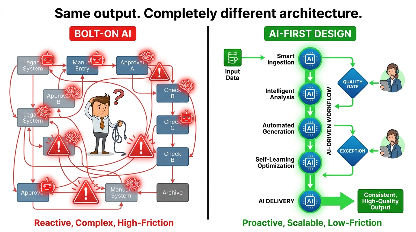 Split-screen comparison between bolt-on AI and AI-first workflow design architectures