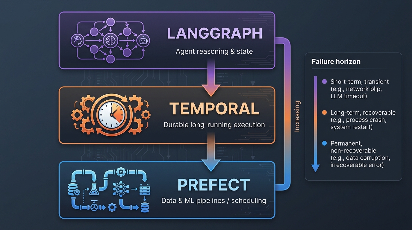 Three-layer AI orchestration architecture diagram showing LangGraph for agent reasoning, Temporal for durable execution, and Prefect for data pipelines