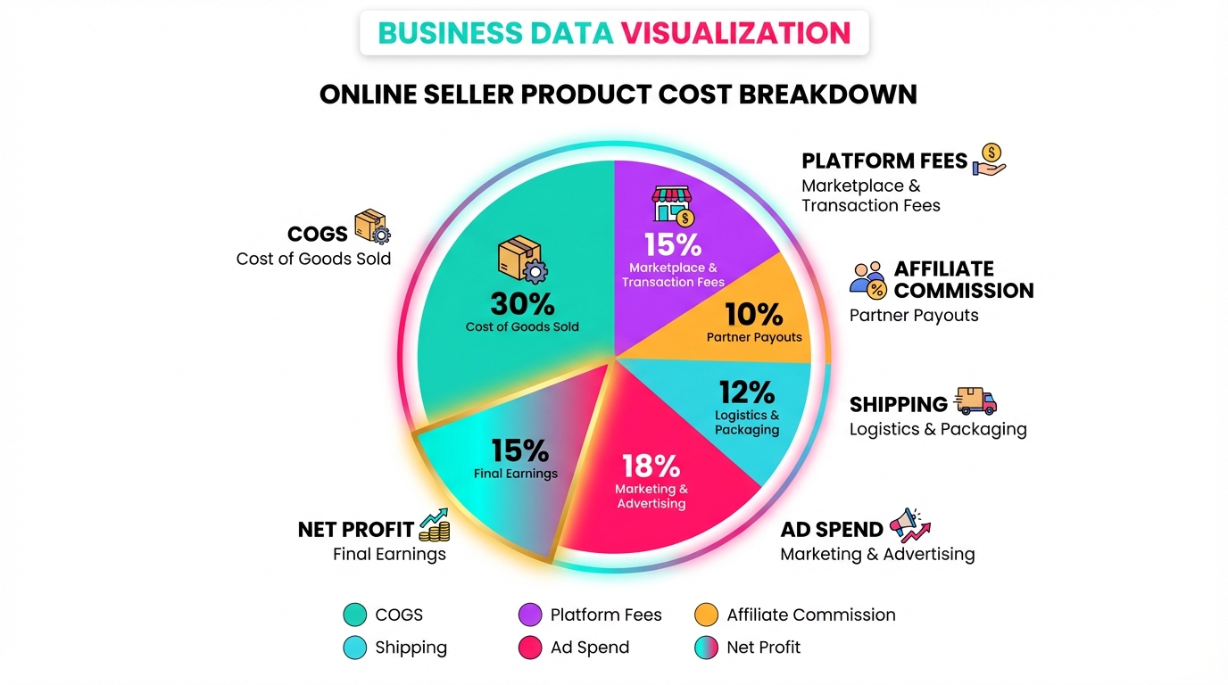 Infographic showing TikTok Shop cost breakdown pie chart with COGS, fees, affiliate commissions, shipping, and net profit in pink and teal