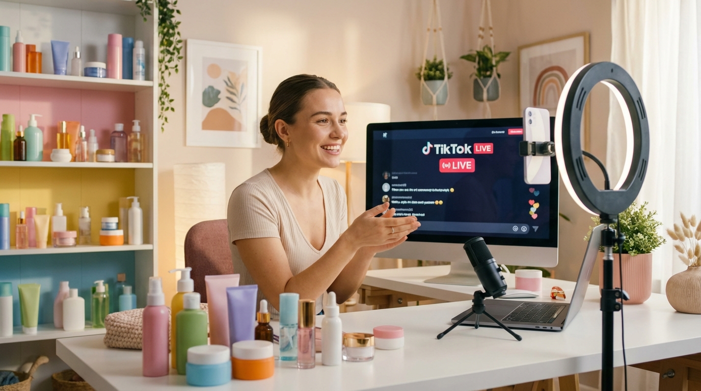 Entrepreneur setting up a TikTok LIVE selling session with ring light, phone on tripod, and colorful skincare products arranged on a table in a bright home studio
