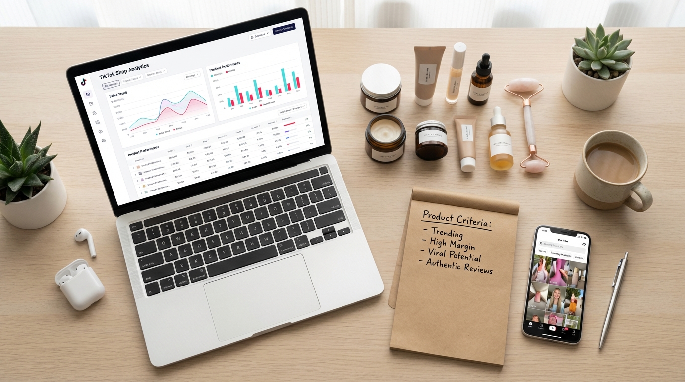 TikTok Shop product research workspace with analytics dashboard, product samples, and trending video feed on laptop and phone