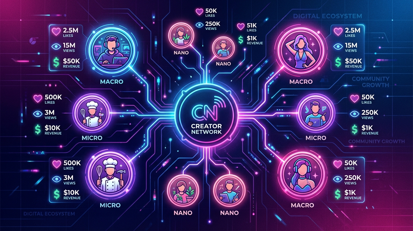 Illustrated creator network with central brand icon connected to nano, micro, and macro creator tiers with engagement metrics and earnings floating nearby on a dark TikTok-style background