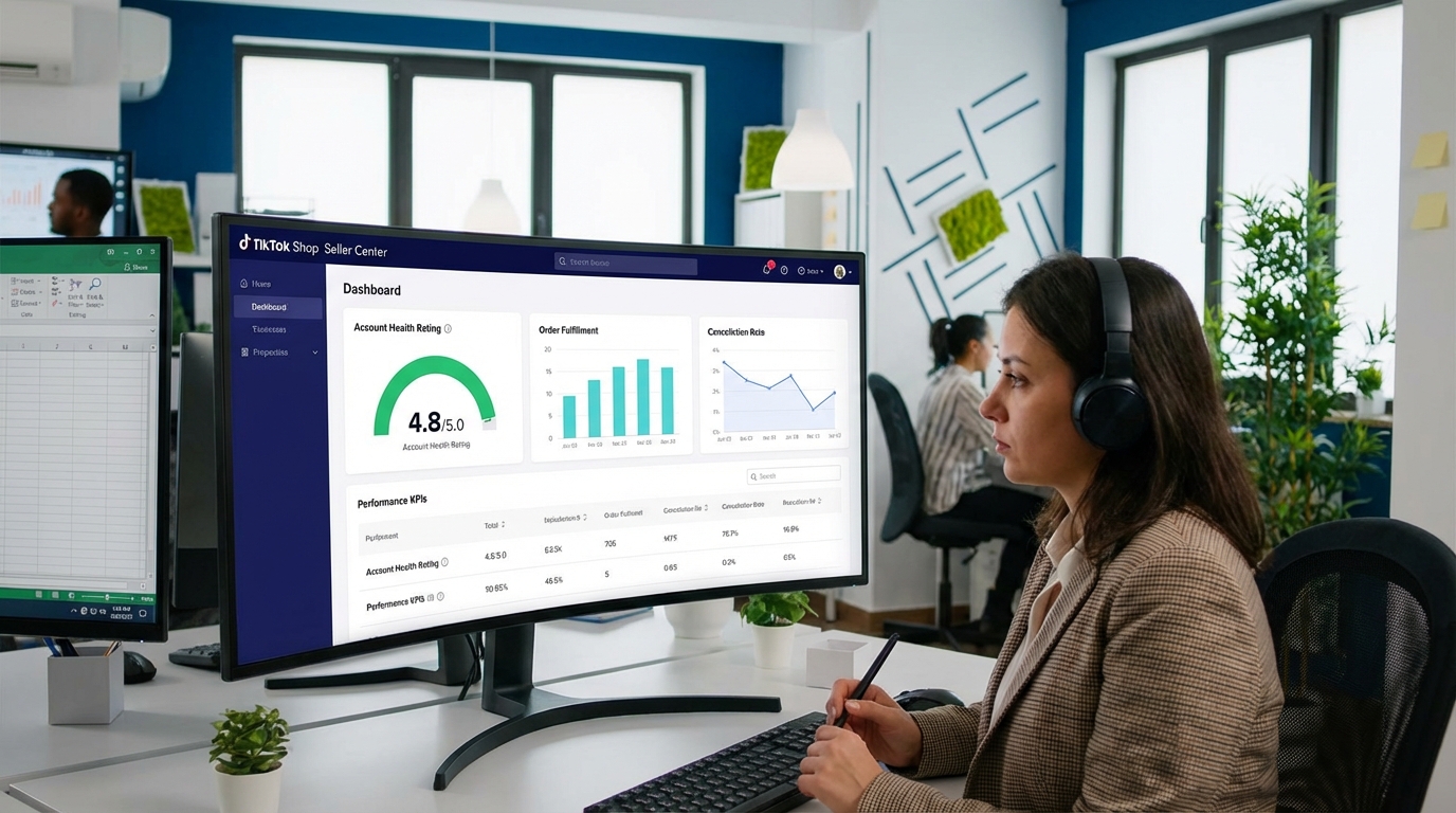 Seller reviewing TikTok Shop Seller Center dashboard showing account health rating, fulfillment charts, and performance KPIs on a large monitor in a professional office