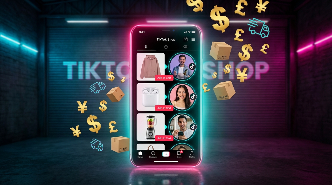 TikTok Shop glowing storefront concept with product feeds, creator videos, and e-commerce elements on a dramatic neon background