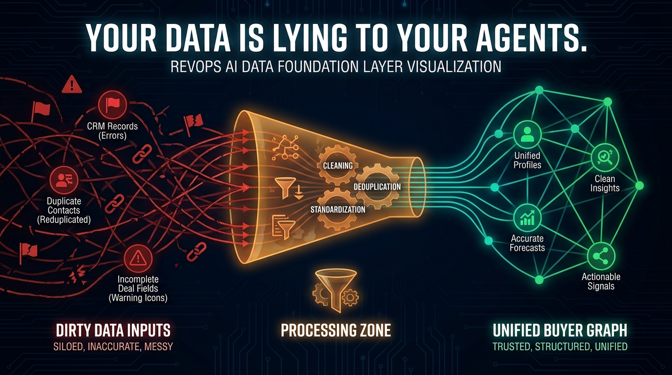 RevOps data foundation diagram: messy CRM inputs with error flags flowing through a cleaning and deduplication layer into a clean unified buyer graph