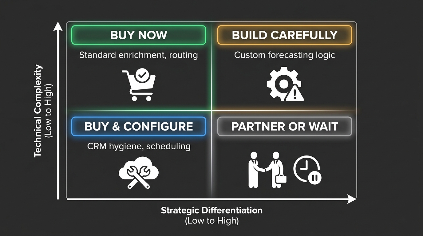 Build vs. Buy decision matrix for RevOps AI agents: 2x2 grid showing strategic differentiation vs. technical complexity with quadrants for buy now, build carefully, buy and configure, and partner or wait