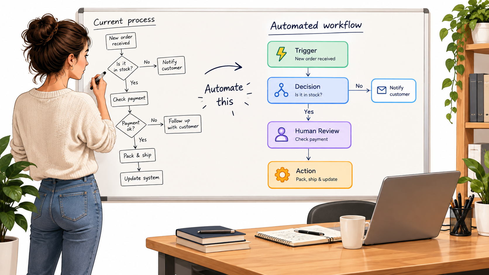 Workflow map on a whiteboard being converted into connected automation steps: trigger, decision, human review, action