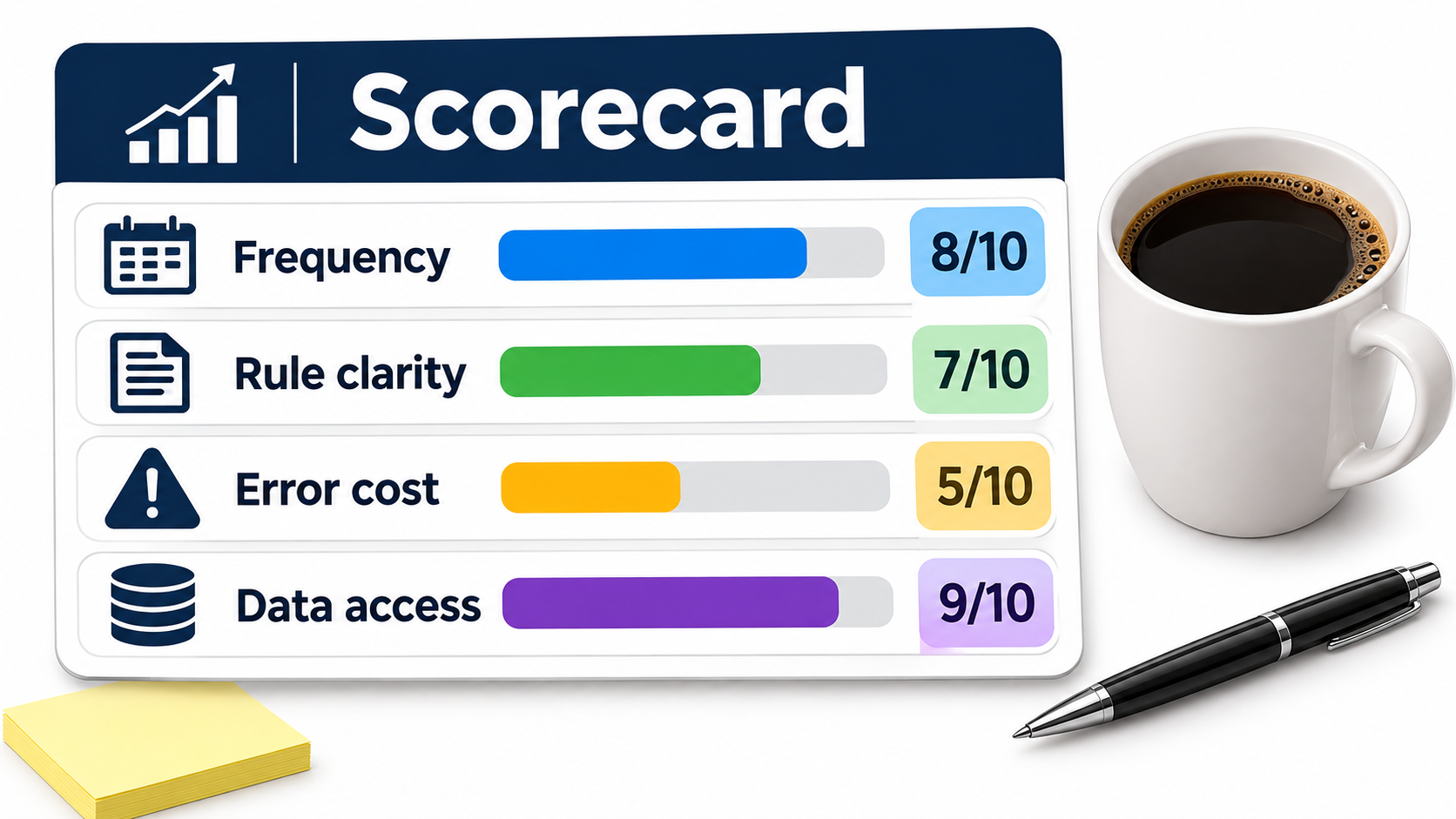 Scorecard rating tasks on frequency, rule clarity, error cost and data access