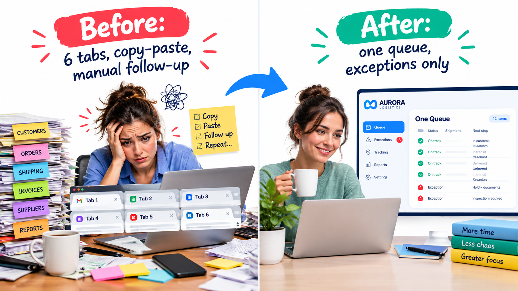 Before and after comparison: cluttered manual desk versus a single exceptions queue dashboard
