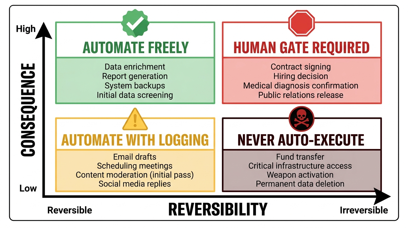 2x2 delegation matrix: Automate Freely, Human Gate Required, Automate with Logging, and Never Auto-Execute quadrants