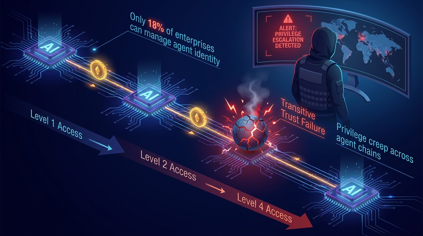 Chain of AI agent nodes with privilege escalation sparks and security alert overlays showing transitive trust failure
