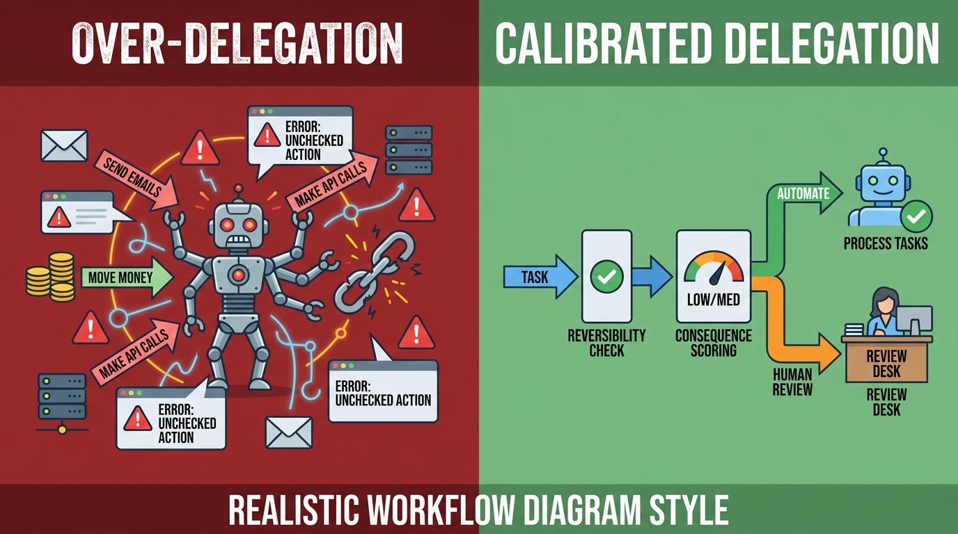 Split screen showing over-delegation chaos with errors versus calibrated delegation with reversibility and consequence checkpoints