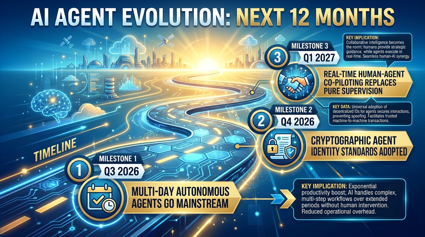 AI agent evolution roadmap showing three milestones: multi-day agents mainstream, cryptographic identity standards, and human-agent co-piloting
