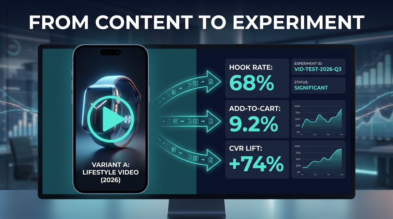 Split-screen showing a product video on smartphone next to a conversion metrics dashboard — hook rate 68%, add-to-cart 9.2%, CVR lift +74%