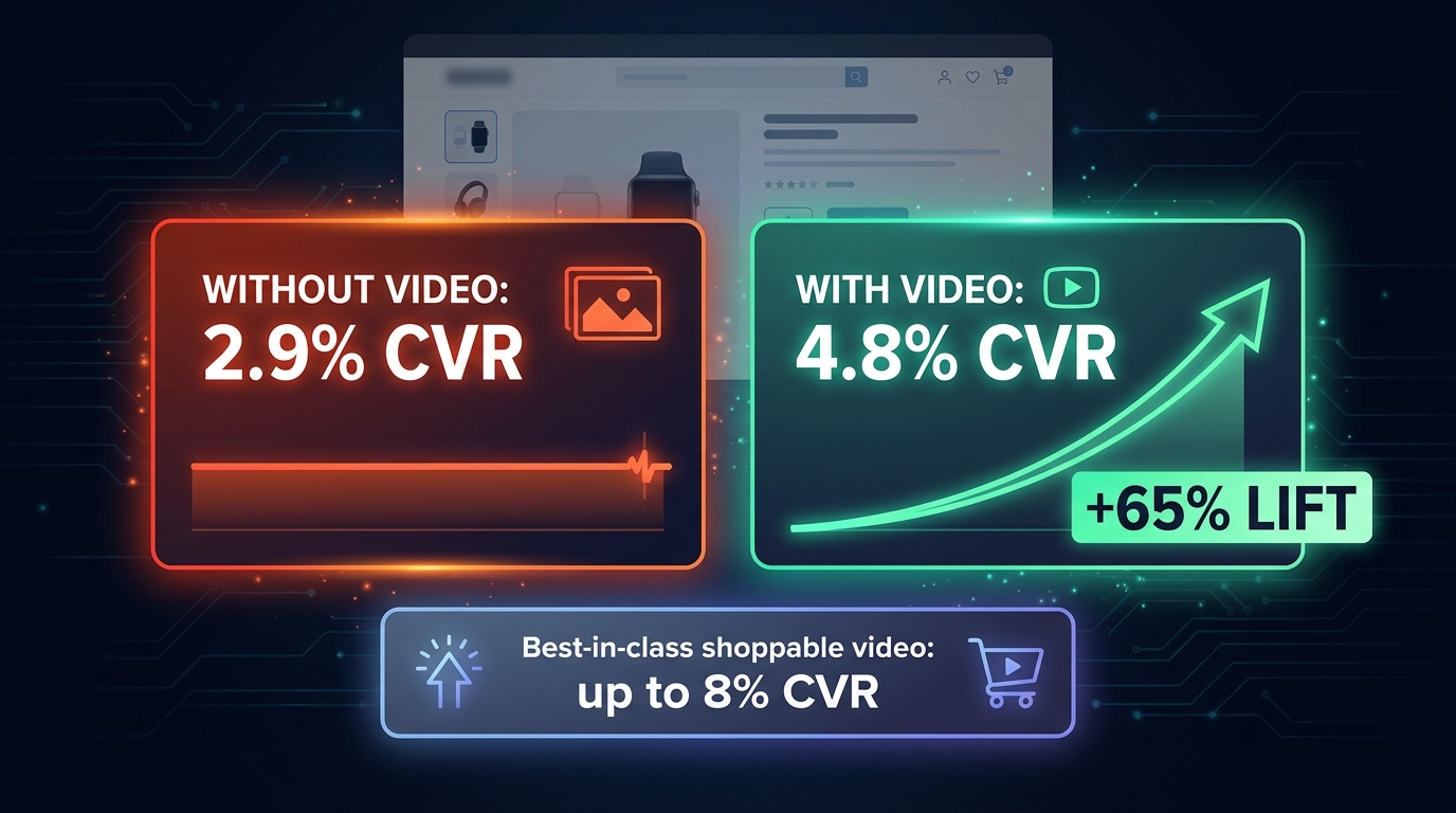 Infographic comparing ecommerce conversion rates: 2.9% without video vs 4.8% with video, plus up to 8% CVR for best-in-class shoppable video