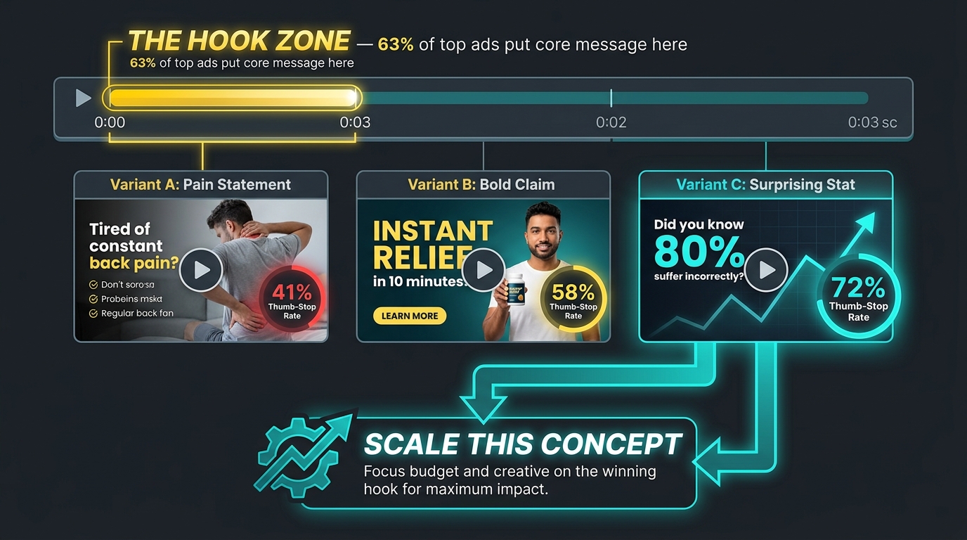 Timeline diagram showing the hook zone in the first 3 seconds of a product video, with three hook variants and their thumb-stop rates: 41%, 58%, and 72%