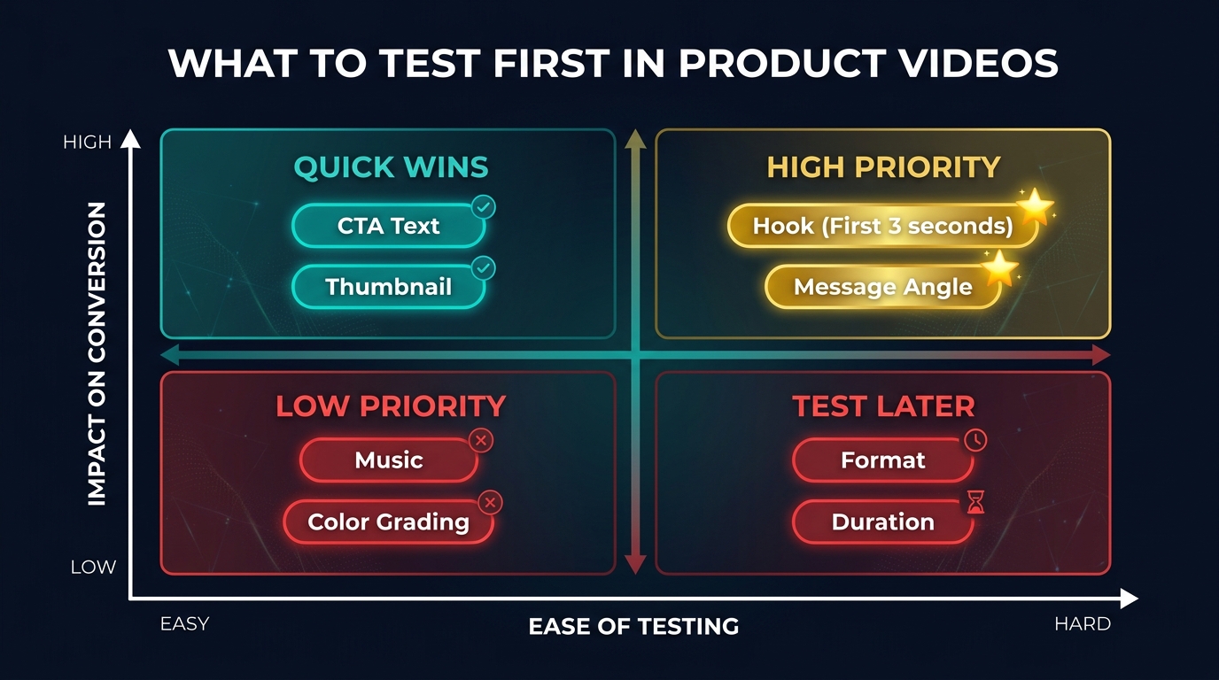 Priority matrix showing which video creative variables to test first — Hook and Message Angle in the high-priority quadrant, CTA and thumbnail as quick wins, format and duration as test-later variables