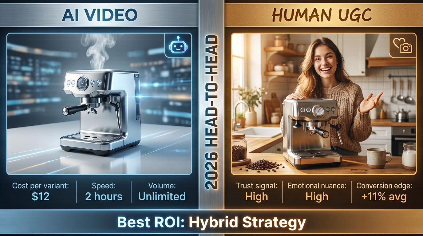 Split-screen comparison of AI-generated product video versus human UGC, with performance stats for cost, speed, trust signal, and conversion advantage