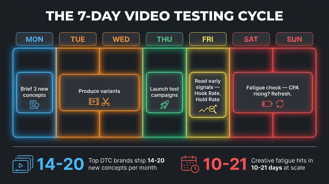 Weekly video testing cycle calendar showing daily tasks from Monday briefing to Sunday fatigue check, with stats showing top DTC brands ship 14-20 concepts per month