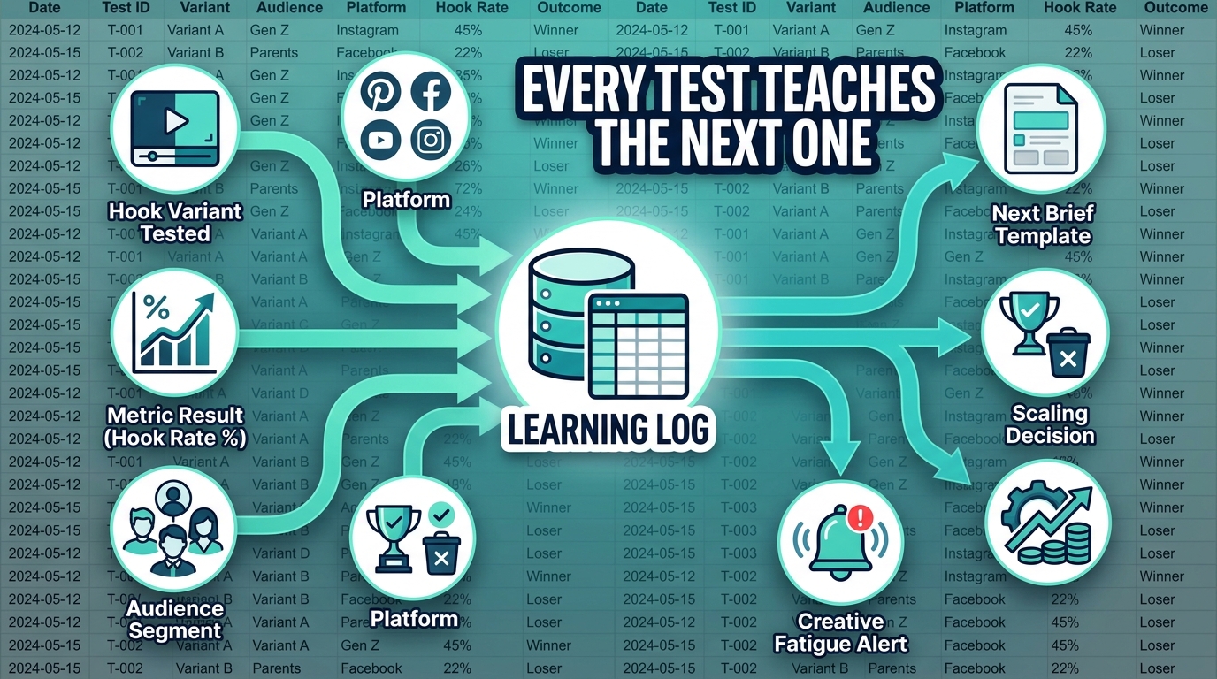 Diagram showing the Creative Learning Log system, with input nodes for hook variants, metric results, audience segments, and platform feeding into a central log that outputs next brief templates, scaling decisions, and creative fatigue alerts