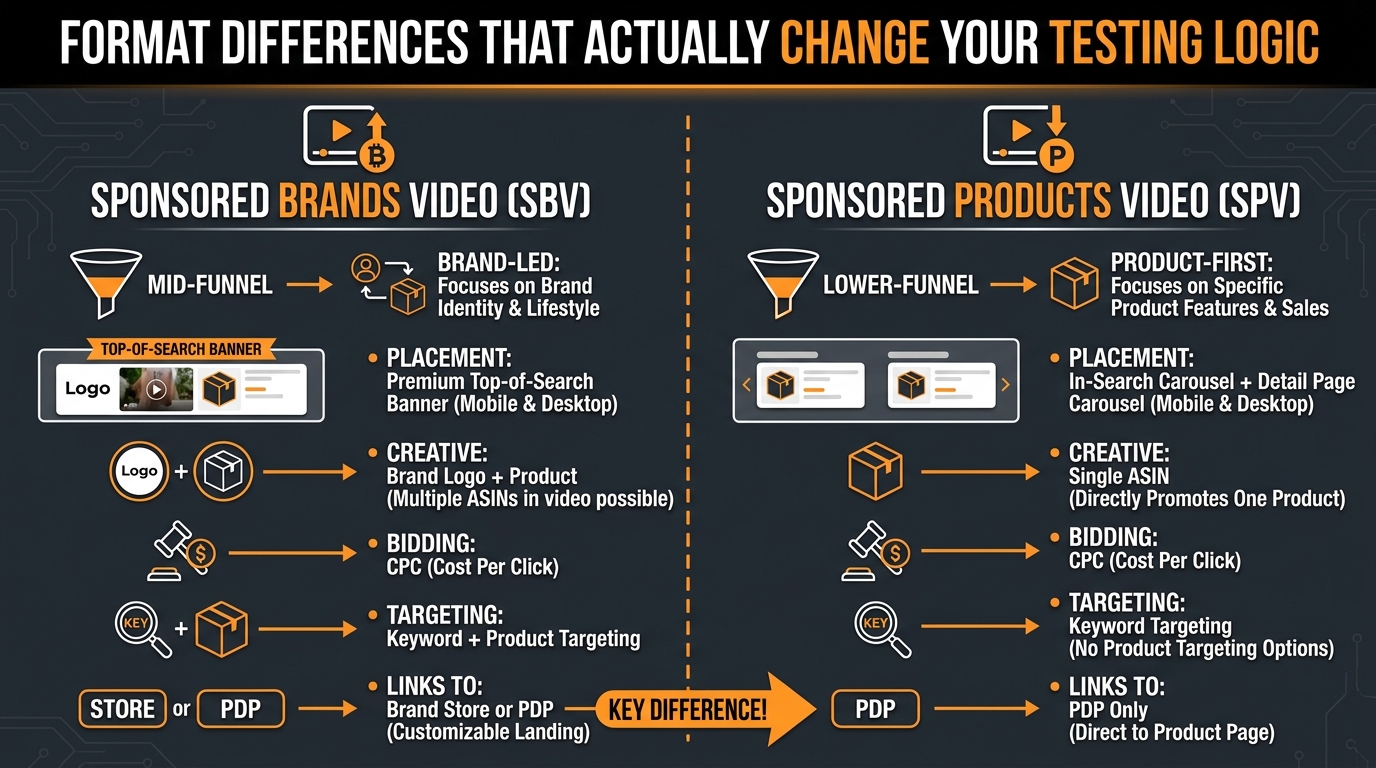 Format differences between Sponsored Brands Video and Sponsored Products Video that change your testing logic