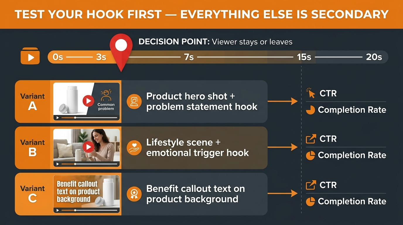 The First 3 Seconds Hook Test for Amazon video ads — decision point where viewers stay or leave