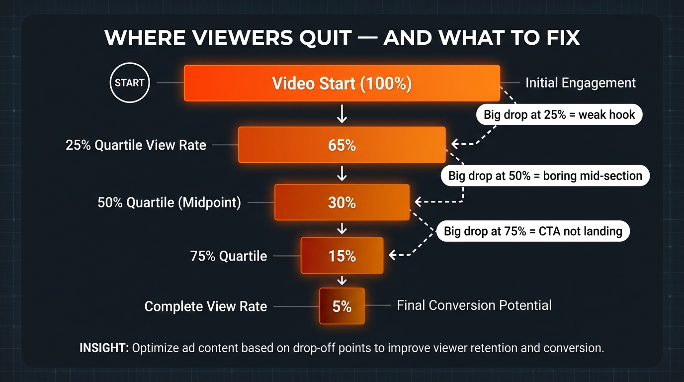 Amazon video ad quartile view rate funnel showing where viewers quit and what to fix at each stage