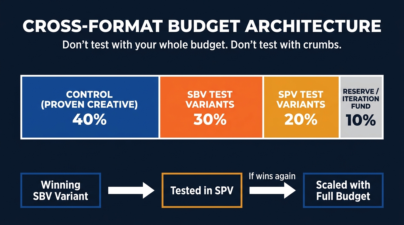 Cross-format budget architecture for Amazon SBV and SPV testing: control 40%, SBV variants 30%, SPV variants 20%, reserve 10%