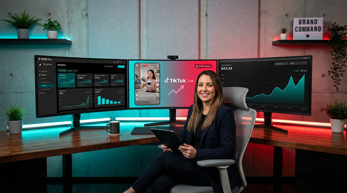 Professional entrepreneur managing TikTok Shop analytics and live shopping streams at a modern e-commerce command center