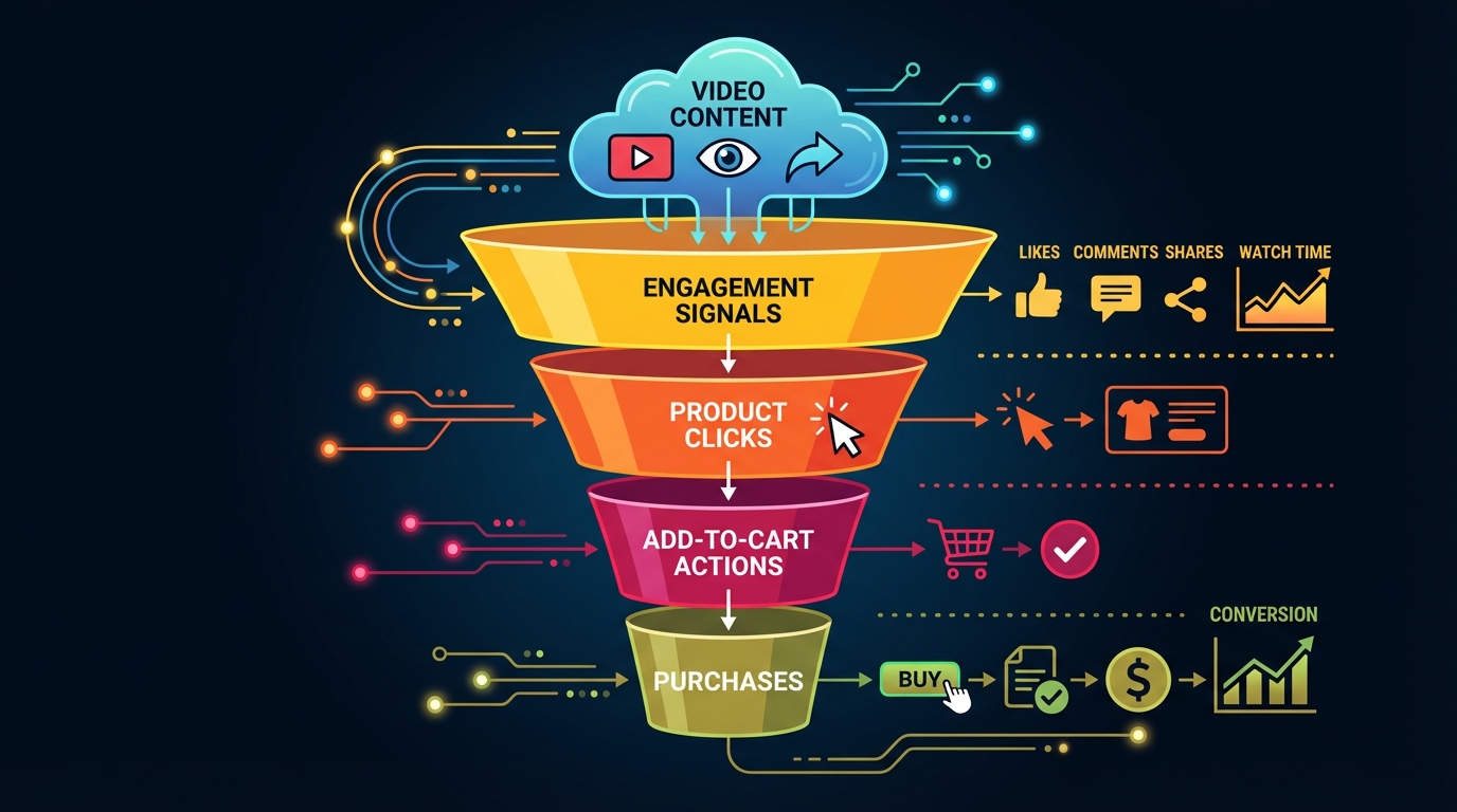 Infographic showing TikTok's commerce algorithm funnel from video content through engagement signals to purchases