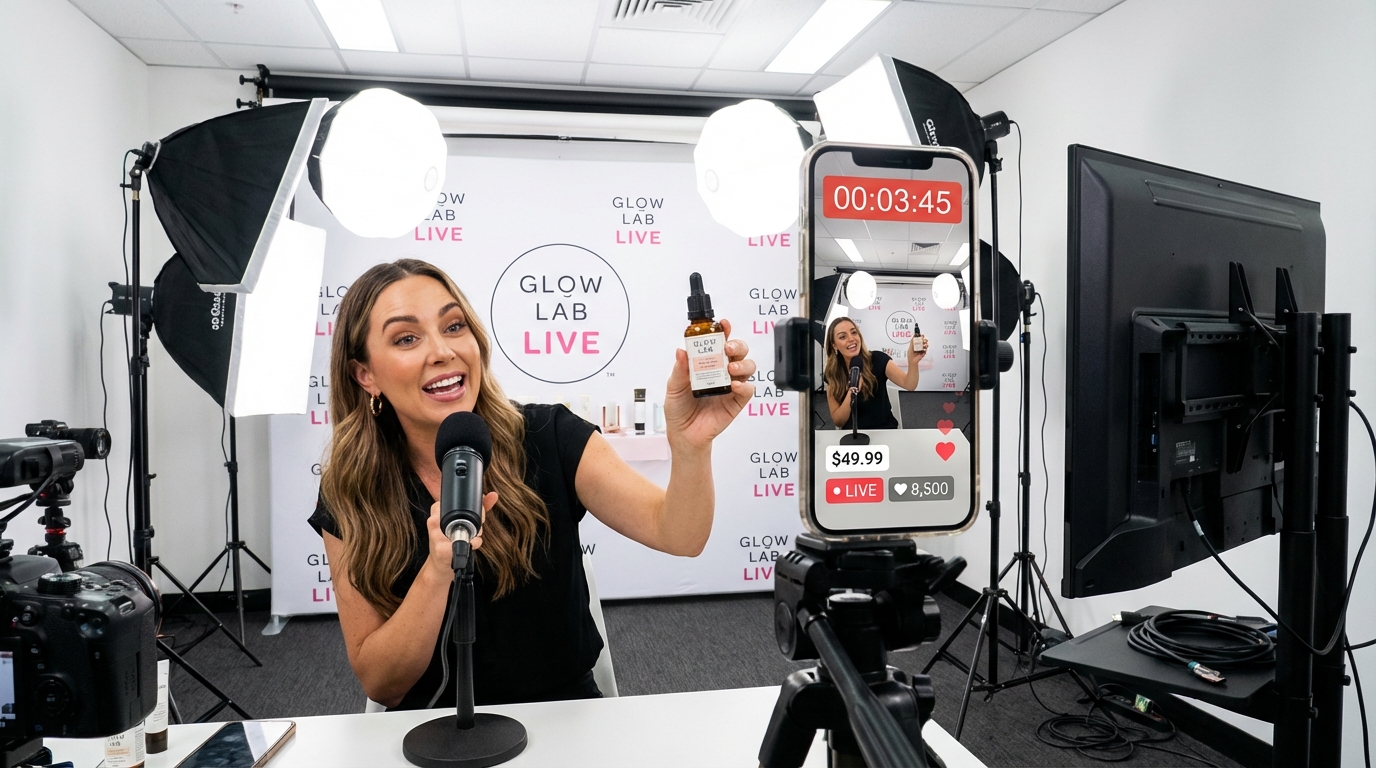 TikTok live shopping host demonstrating a skincare product in a professional studio with live viewer count and countdown timer overlays
