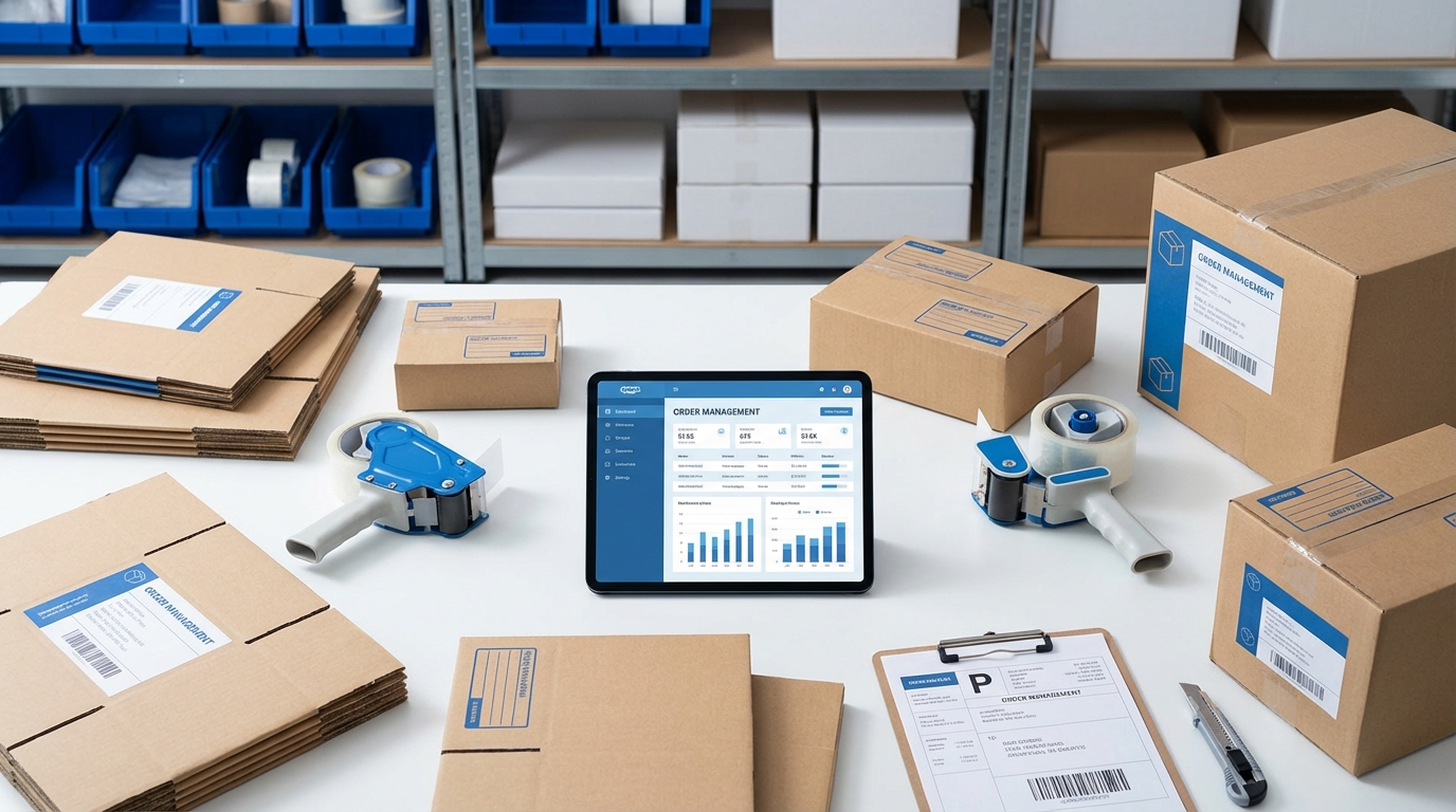 E-commerce fulfillment logistics setup with shipping boxes, order management tablet, and warehouse shelving