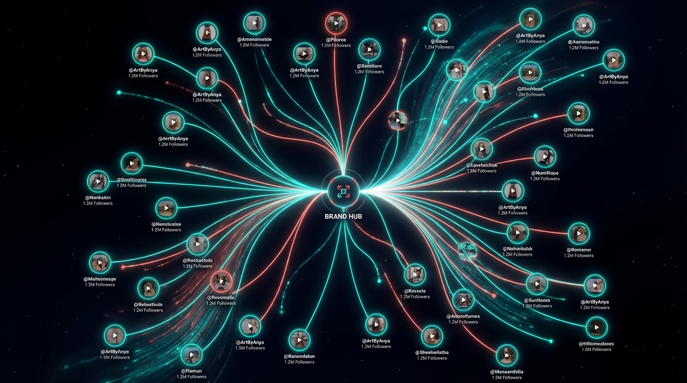 Creator network visualization showing a brand hub connected to dozens of TikTok creator nodes in a constellation pattern