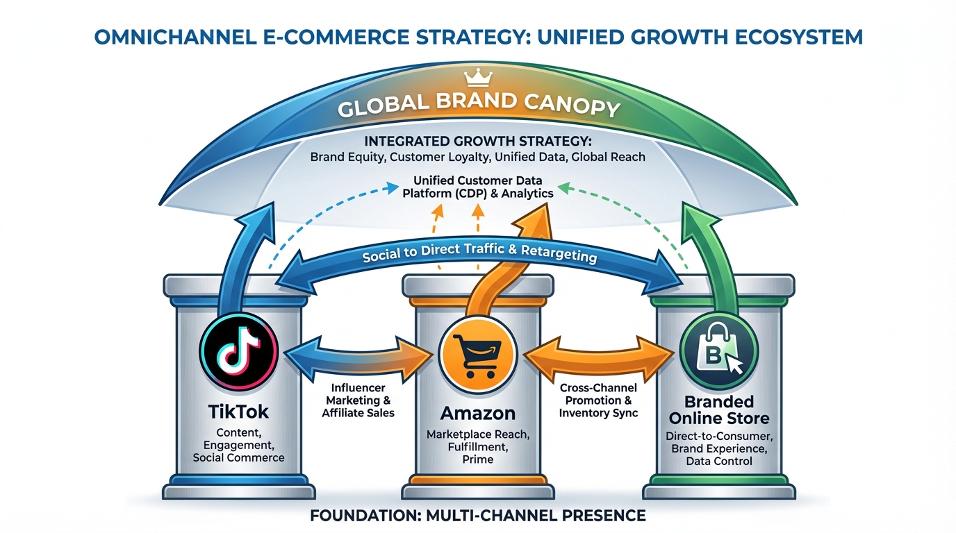 Multi-platform e-commerce strategy diagram showing TikTok Shop, Amazon, and branded online store as interconnected brand pillars