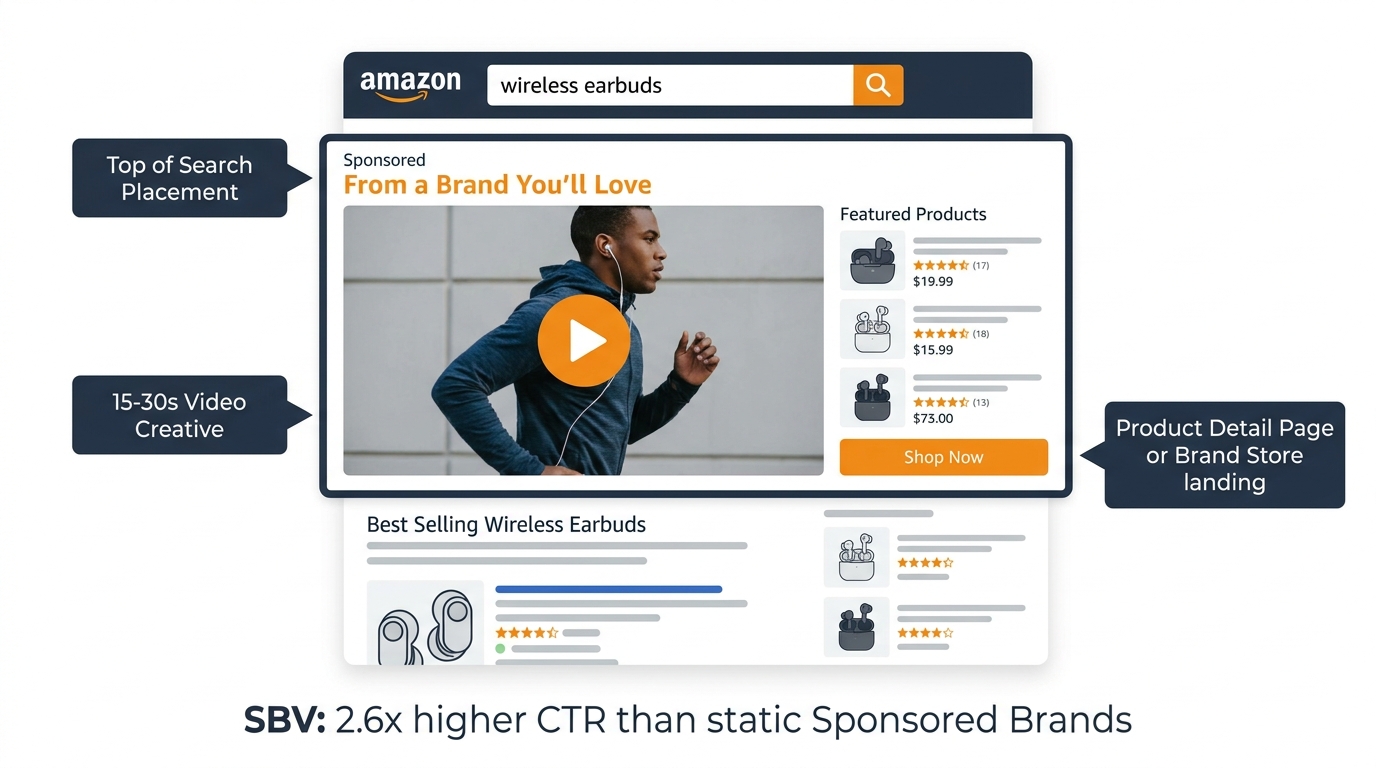 Amazon Sponsored Brands Video ad placement at top of search results with 2.6x higher CTR than static Sponsored Brands