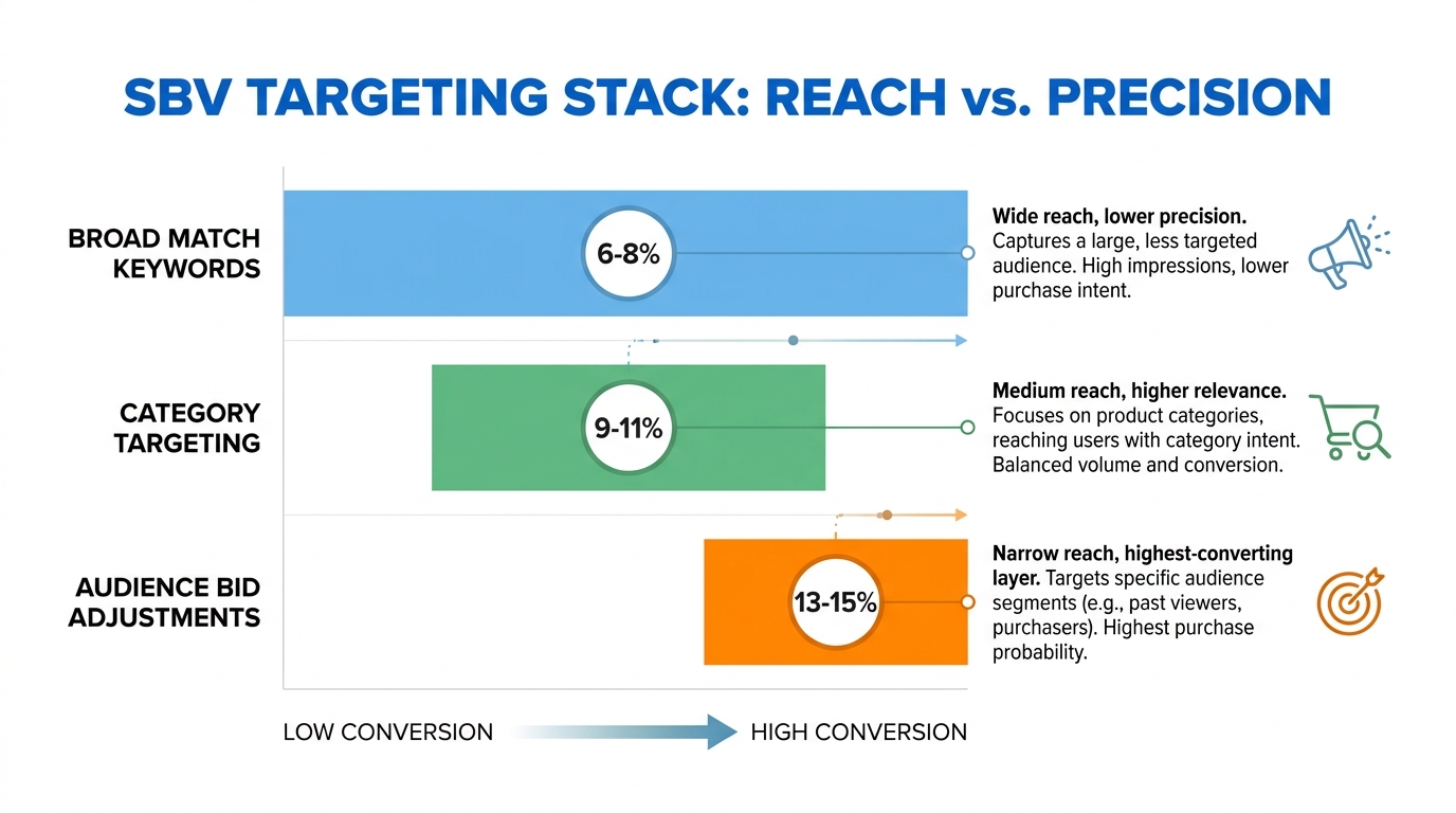 SBV targeting stack comparison: broad match vs category targeting vs audience bid adjustments showing reach vs precision tradeoffs