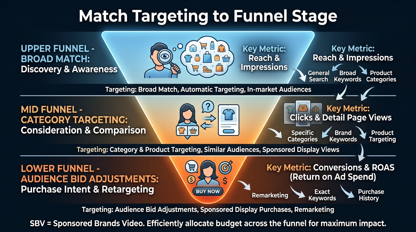 Purchase funnel showing broad match at top, category targeting in middle, and audience bid adjustments at bottom with conversion rates by stage