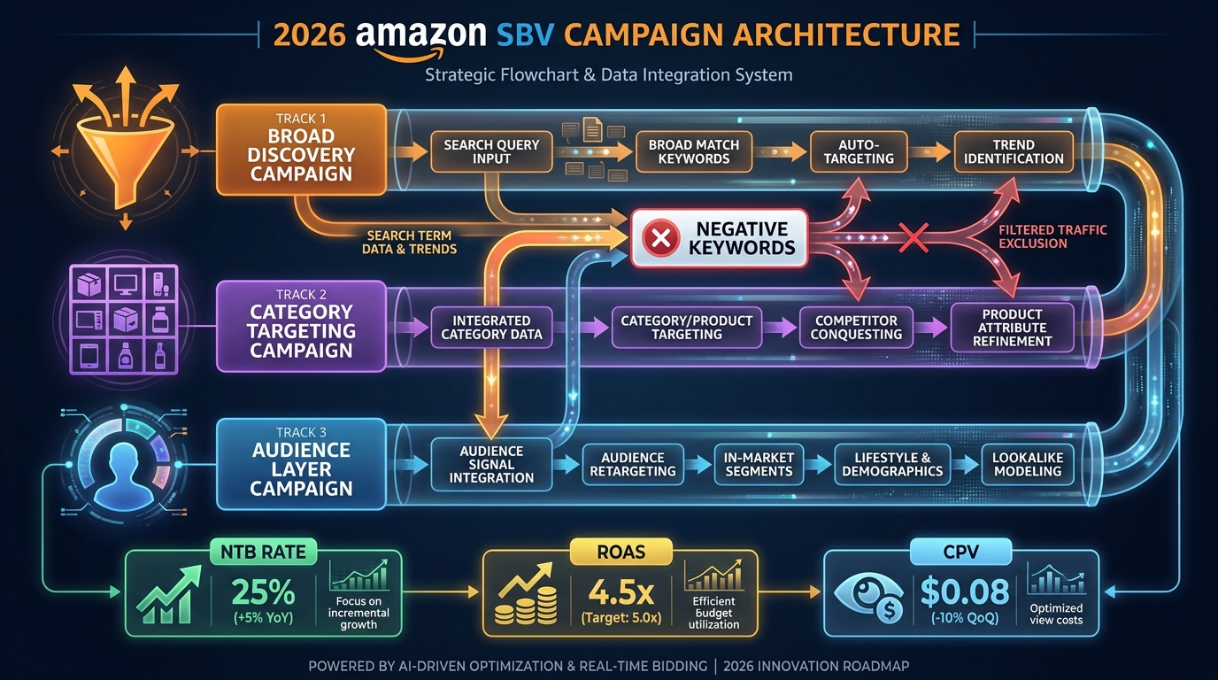 SBV campaign architecture diagram showing three parallel campaign tracks for broad discovery, category targeting, and audience layers with data flow between them