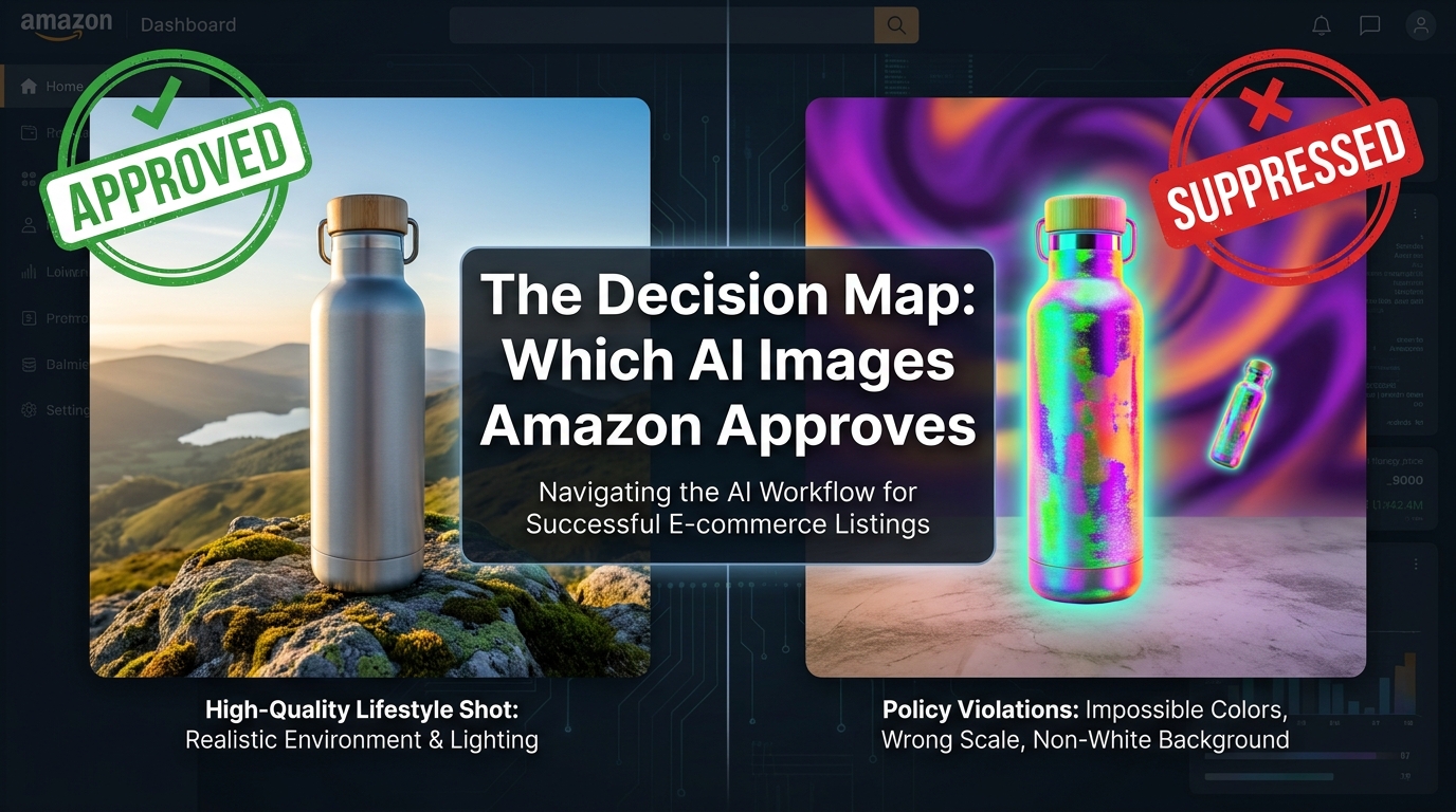 Split-screen showing approved vs suppressed AI Amazon product images — the decision map for compliant AI image workflows